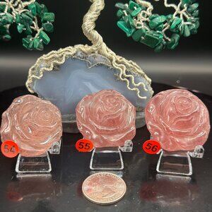 Strawberry Rose Quartz Rose Carving, Hand-Carved Flower Medallion
